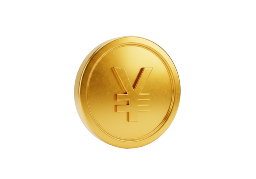 Golden coin with japanese yen symbol isolated on transparent background