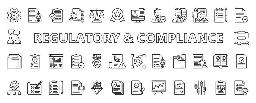 Regulatory and Compliance, icons in line design. Regulatory compliance, governance, law, policy, audit, standards, rules on white background vector. Regulatory and Compliance editable stroke icons