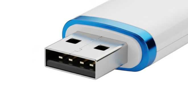 Close up of a white usb drive isolated on transparent background