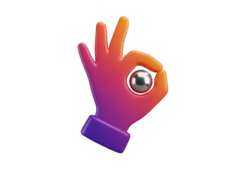 3d hand showing ok gesture with metallic sphere isolated on transparent background