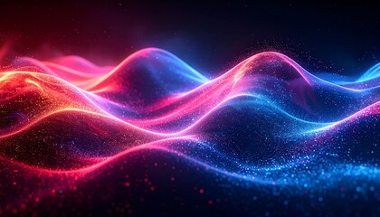 Fototapeta premium Abstract waves of glowing red and blue light particles flow in a smooth, undulating motion on a dark background