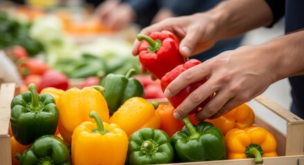 Colorful assortment of fresh bell peppers being selected by hands at a vibrant vegetable market, showcasing healthy eating and the joy of fresh produce