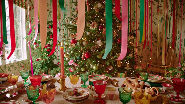 Festive Christmas dining table with colorful decorations and holiday cheer