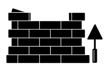 A simple black silhouette of a brick wall under construction with a trowel tool on the side representing building and renovation work silhouette