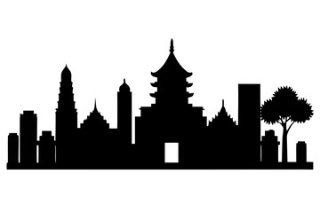 Diverse asian city skyline silhouette featuring traditional pagodas and modern buildings with a tree silhouette