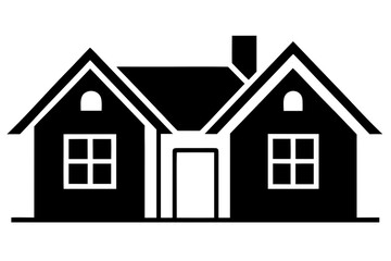 Simple black and white graphic illustration of a detached house with a chimney and two windows representing home and real estate silhouette