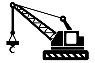 A black silhouette of a construction crane with a hook and boom extended isolated on a white background representing heavy machinery and industrial lifting operations silhouette