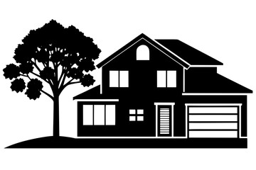 A classic two story house with a large tree and garage in a clean black and white silhouette style