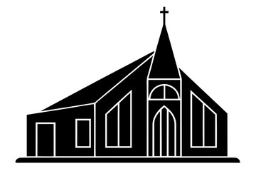 A stylized black and white silhouette of a modern church building with a tall steeple topped by a cross featuring arched windows and doors symbolizing faith and community