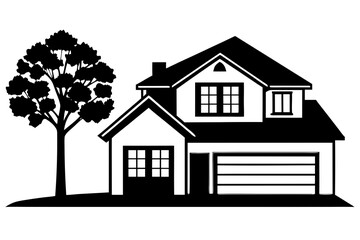A classic two story house with a garage and a large tree in the yard presented in a clean bold black silhouette style on a white background