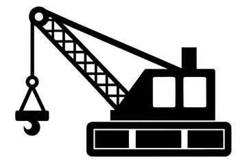 A bold black silhouette of a construction crane with a hook and boom on a white background representing heavy machinery and industry silhouette