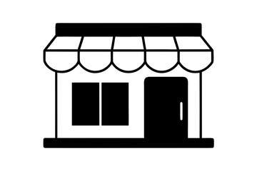 A simple black and white graphic illustration of a storefront with a striped awning a window and a door presented in a clean silhouette style