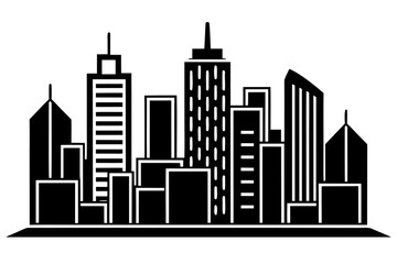 A stylized black and white silhouette of a modern city skyline with various tall buildings and skyscrapers creating a dramatic urban landscape silhouette
