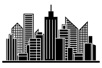 A striking black and white graphic illustration of a modern city skyline featuring a variety of tall buildings and architectural styles in a clean silhouette
