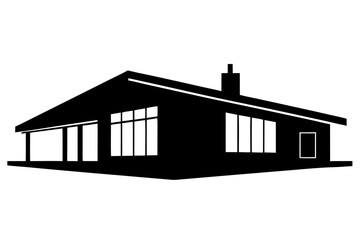 Modern single story house with large windows and a chimney depicted as a clean black silhouette on a white background symbolizing home and architecture