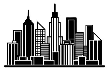Modern city skyline with diverse skyscrapers and architectural styles represented in a clean black and white graphic silhouette