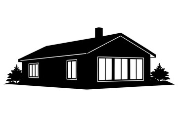 A modern single story house with a gabled roof chimney and large windows depicted in a clean black silhouette style surrounded by two evergreen trees on a white background