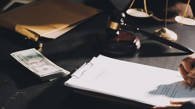 Justice and law concept. Gavel on sounding block in hand's Male judge at a courtroom, working with document law books, report the case on table in modern office.