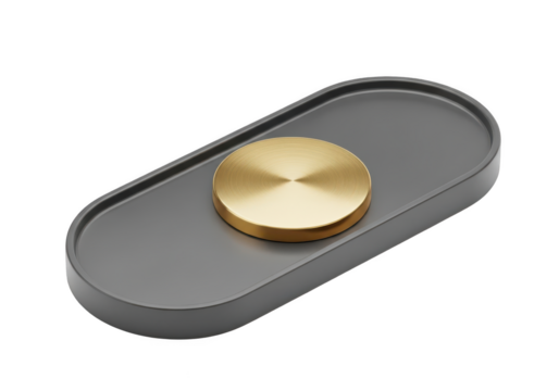 Brass spinner on a gray oval tray isolated on transparent background