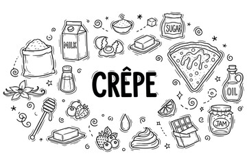 Naklejka premium Crepe ingredients and toppings in hand-drawn style with milk, sugar, butter, and fruits