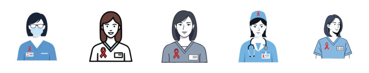 Medical Nurse with Red Ribbon for AIDS Awareness Flat Line Vector Illustration