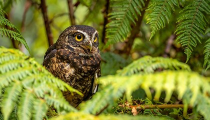An owl sits nestled among vibrant green fern fronds, with its piercing yellow eyes peering forward