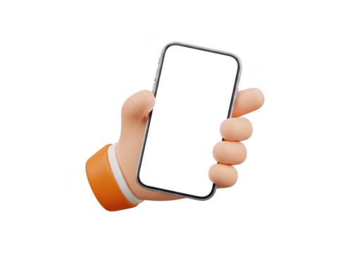3d cartoon hand holding a smartphone isolated on transparent background