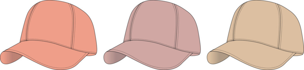 A trio of baseball caps in varying shades of coral, rose, and tan, showcasing simple, clean designs for casual headwear
