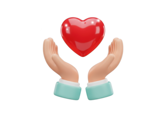 Cupped hands holding a red heart isolated on transparent background