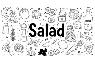 Black and white salad ingredients with vegetables, herbs, and condiments
