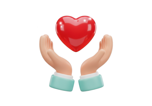Cupped hands holding a red heart isolated on transparent background