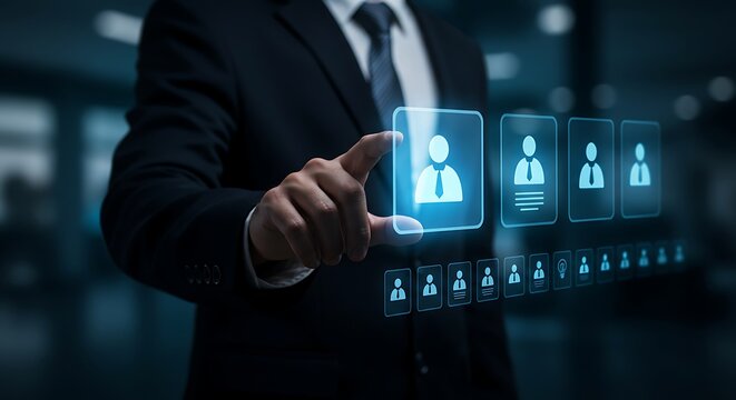 Digital human resources concept with businessman choosing employee profile on holographic interface for hiring and corporate management strategy