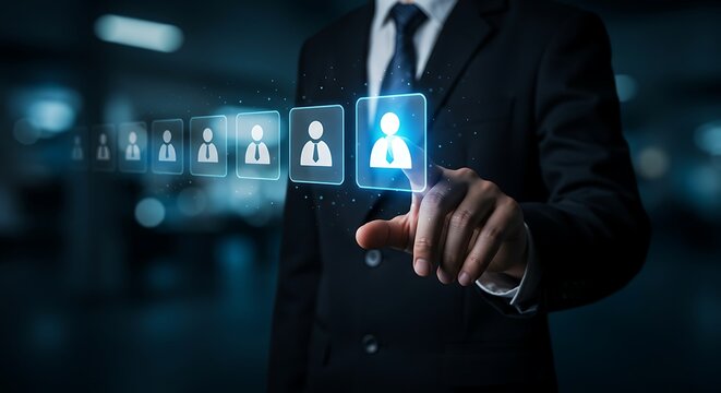 Businessman selecting virtual employee icon on digital interface for recruitment, human resources management, and team building concept in modern technology