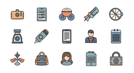 Set of office productivity icons representing tools for workflow organization and efficiency