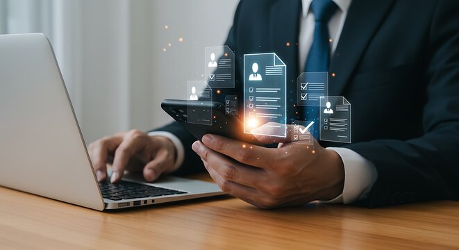 Online job application and CV screening process. Recruiter uses a phone to manage digital résumés with an applicant tracking system (ATS) for selection