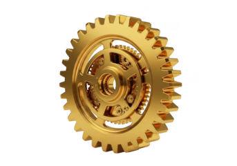 Intricate golden clockwork gear mechanism isolated on transparent background