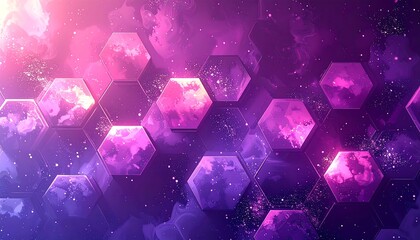 Abstract purple space scene with geometric hexagonal shapes