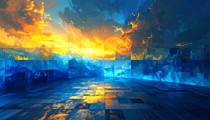 Fototapeta premium Abstract scene sky with warm light, clouds reflected in glossy surface, and tiling of blue and orange tones