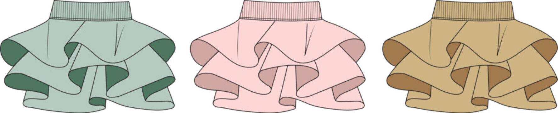 Set of tiered ruffle mini skirts in multiple colorways. Fashion flat technical sketch, a vector apparel template for clothing design