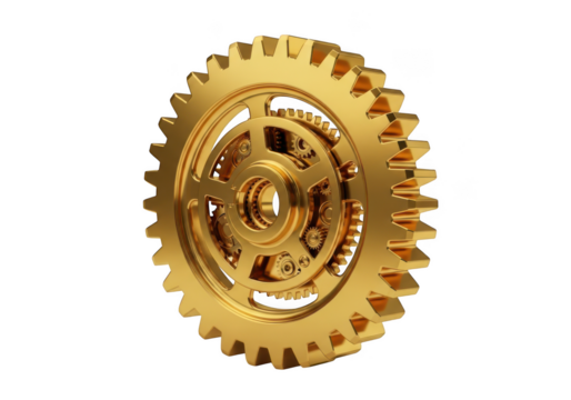 Intricate golden clockwork gear mechanism isolated on transparent background
