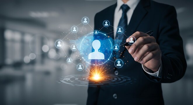 HR manager selecting a candidate from a talent pool on a virtual screen. Human resources, recruitment, and team building technology concept with network icons