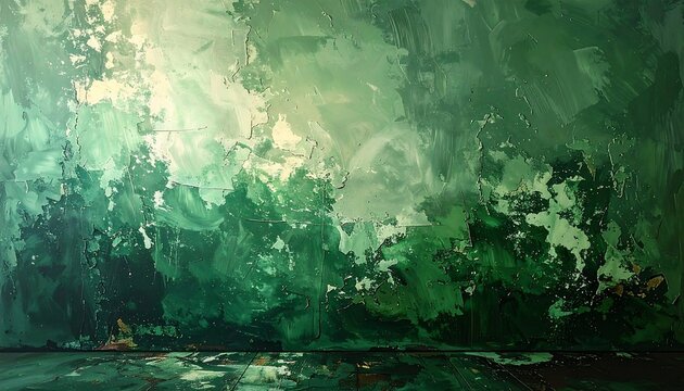 Abstract painting with swirling green hues, suggestive of a forest and reflective floor, textured impasto style