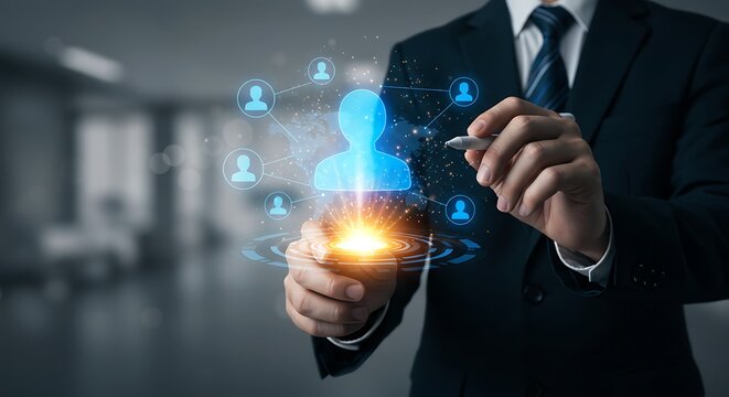 Businessman using a digital interface to manage customer relationships. Concept of CRM, target audience, and personalization in a futuristic business world