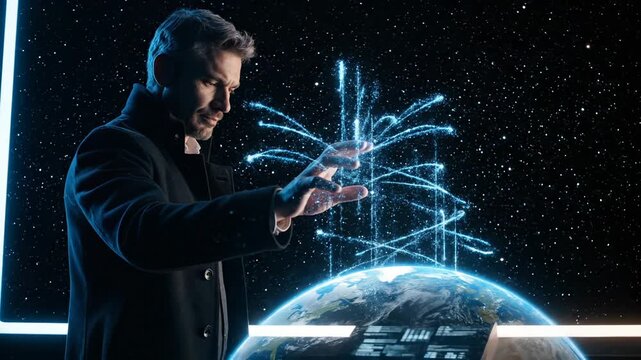 man examines hologram globe above tabletop. earth projection responds to touch and gesture. technology interface displays data and visual elements in futuristic layout. hand traces orbit pixel map.