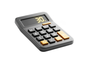 A modern black calculator with orange accents and 30 on screen isolated on transparent background