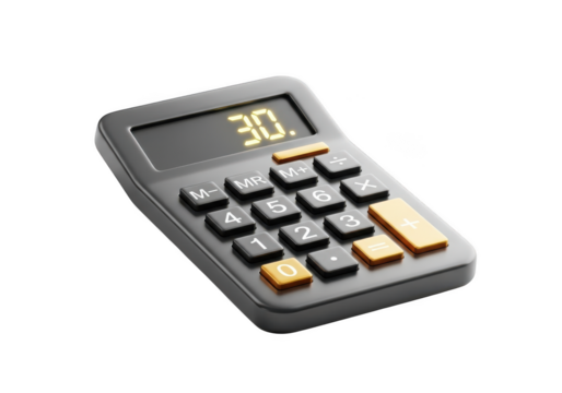 A modern black calculator with orange accents and 30 on screen isolated on transparent background
