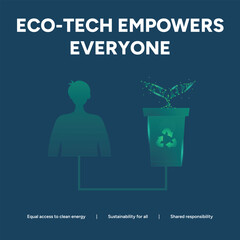Illustration showing that ecotech empowers everyone, and that it stands for equal access, sustainable tech, and shared responsibility