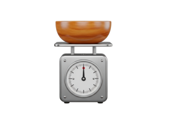 Wooden bowl on a kitchen scale isolated on transparent background