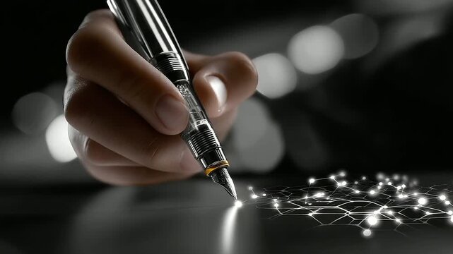 Anonymous illustrator's hand with pen while defocused and crystal clear geometric honeycomb pattern visible, with copy space