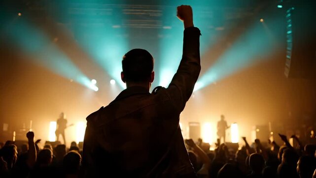 concert audience with fan silhouette near stage. spotlight and light cut through haze. performance and music drive movement. gesture raised above crowd. applause and energy fill venue. crowd motion.
